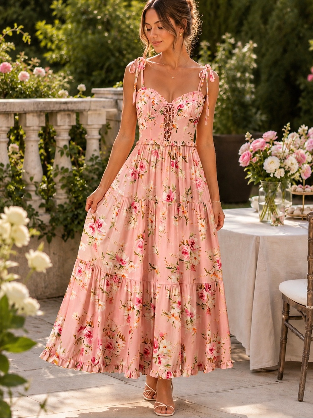 Yumi Kim Sandrine Floral Dress Pink Lace-Up Bustier Cottagecore